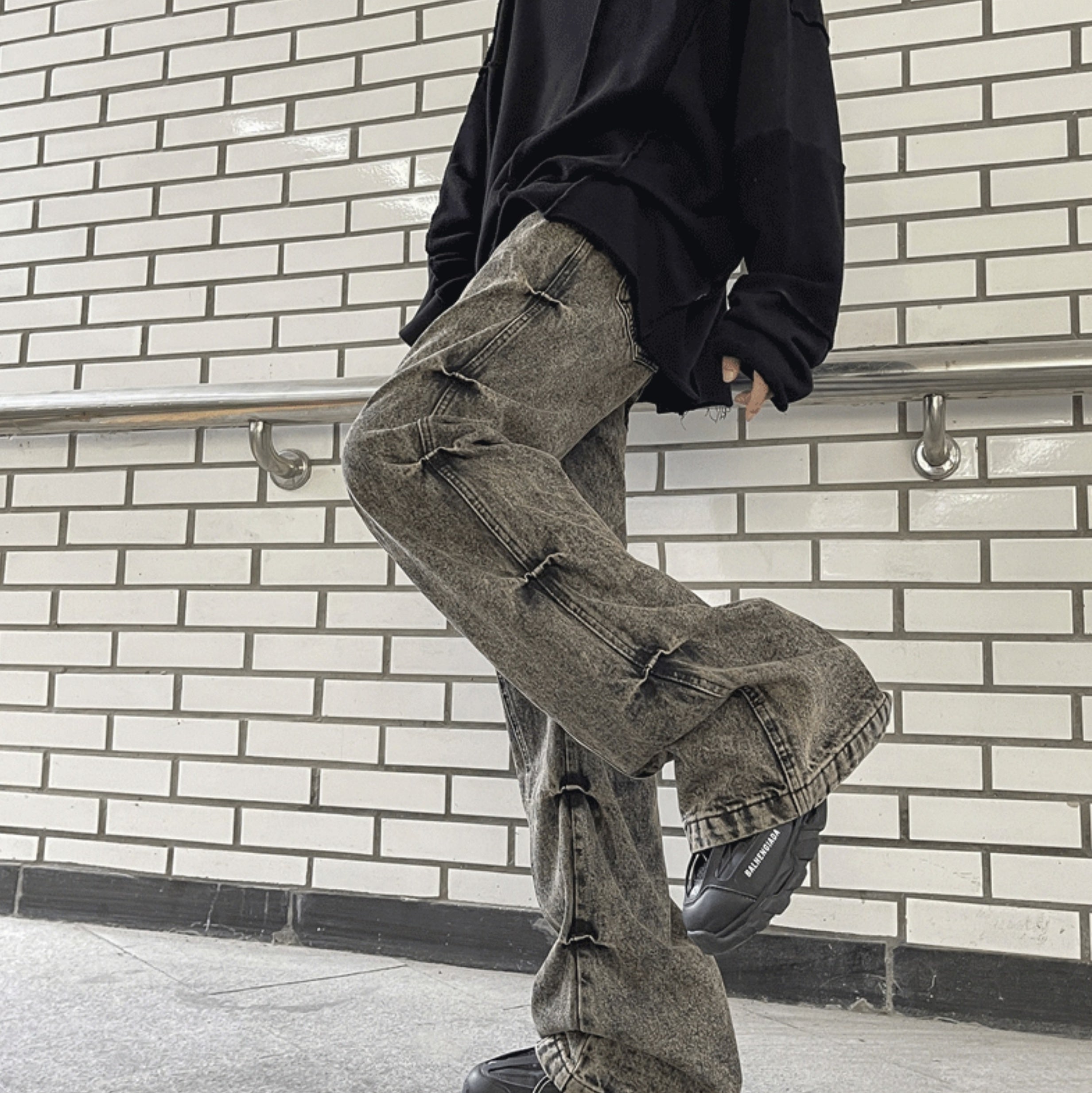 Grey Pleated Sides Jeans