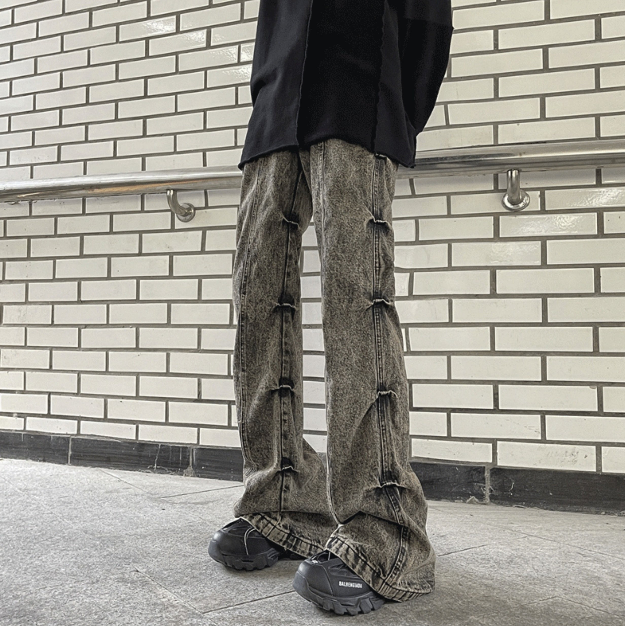 Grey Pleated Sides Jeans