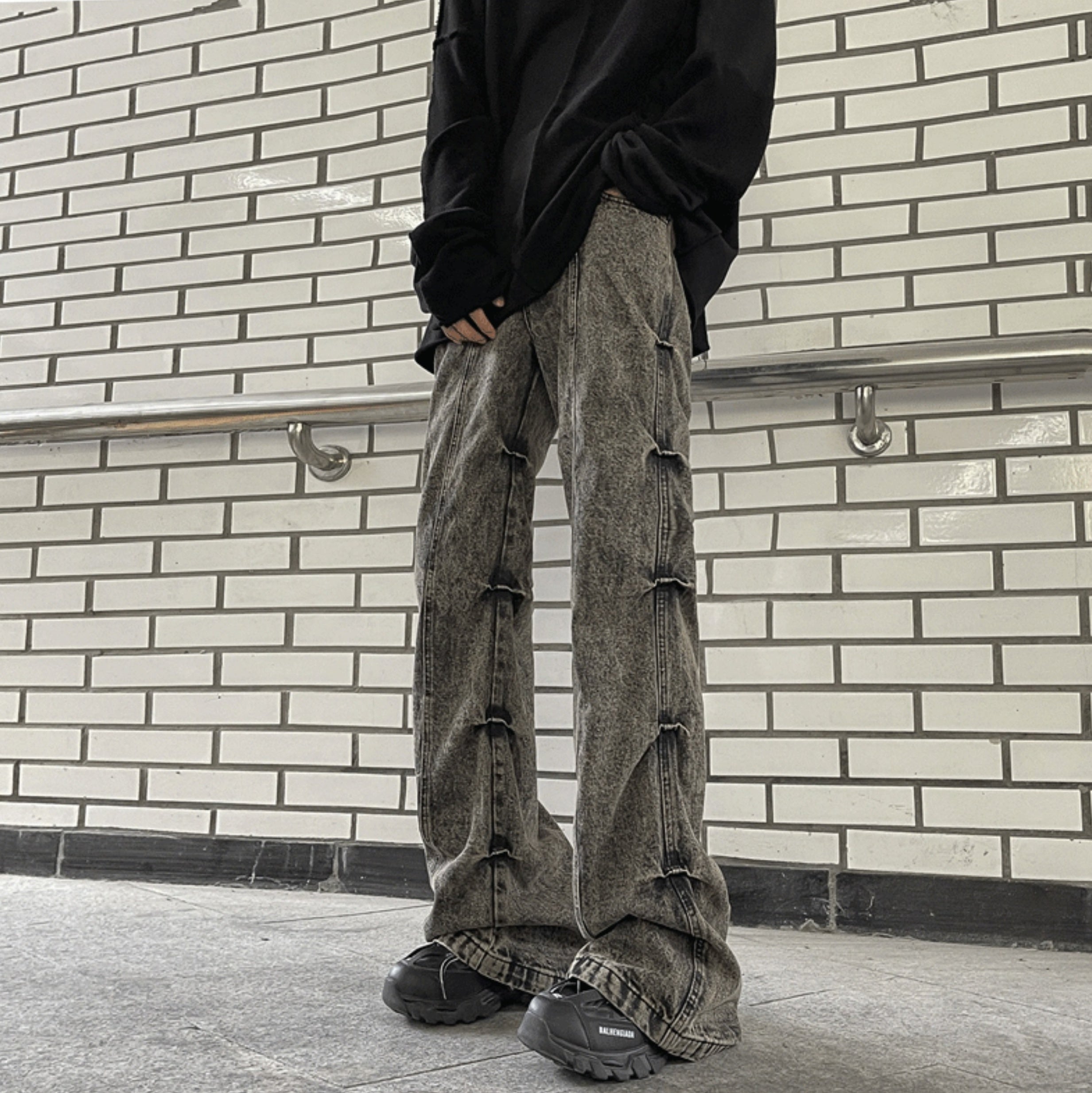 Grey Pleated Sides Jeans