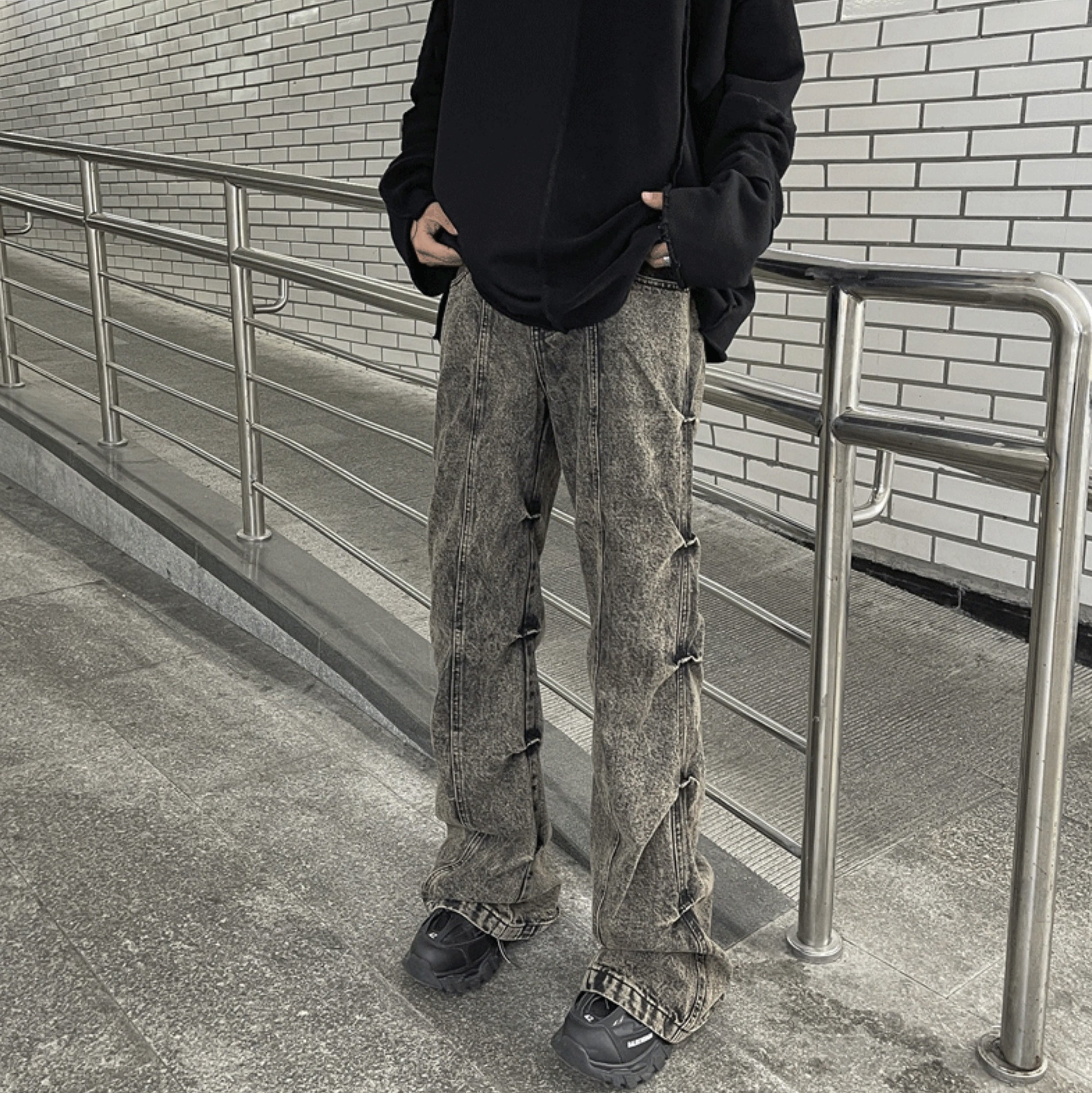 Grey Pleated Sides Jeans