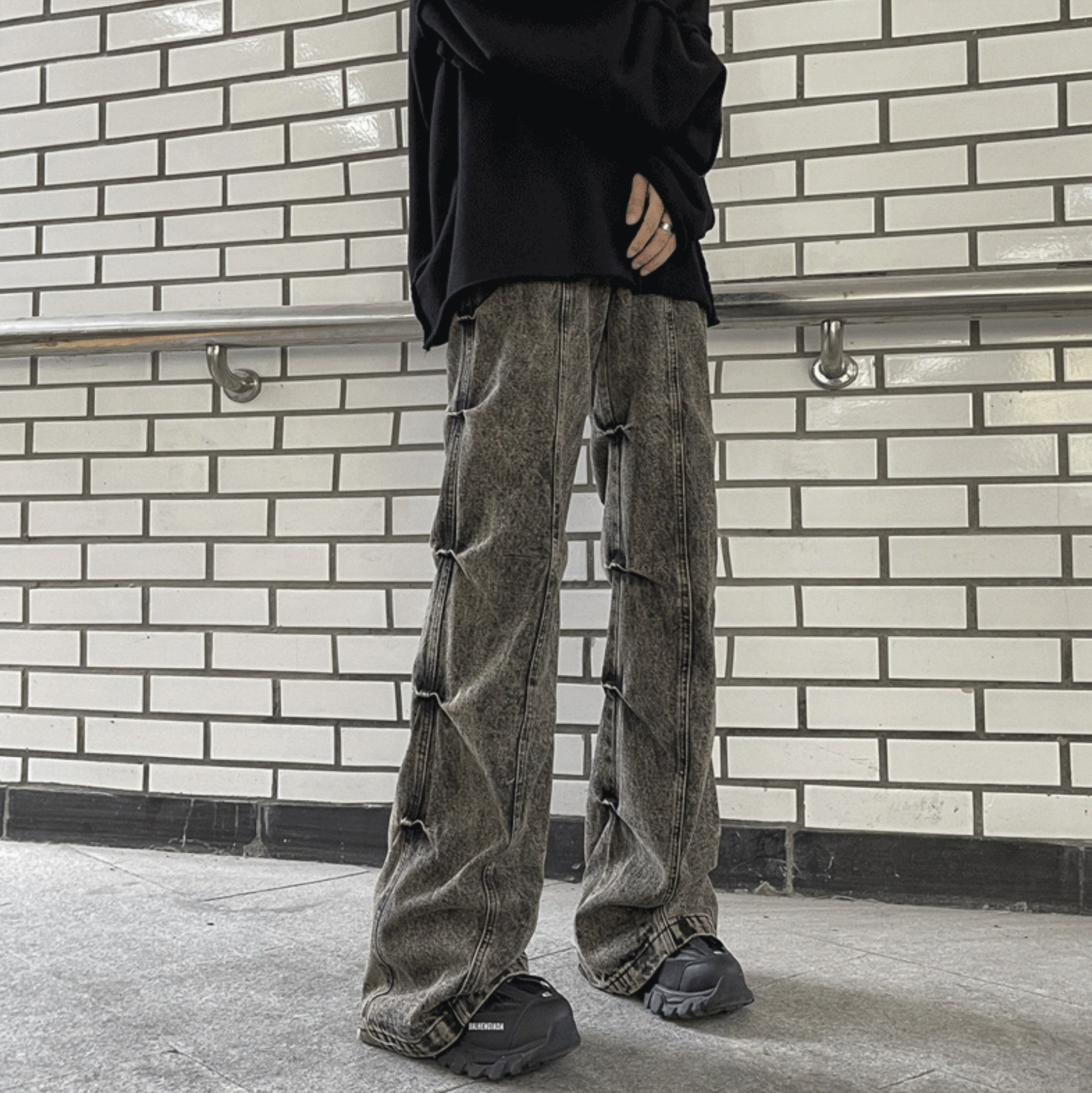 Grey Pleated Sides Jeans