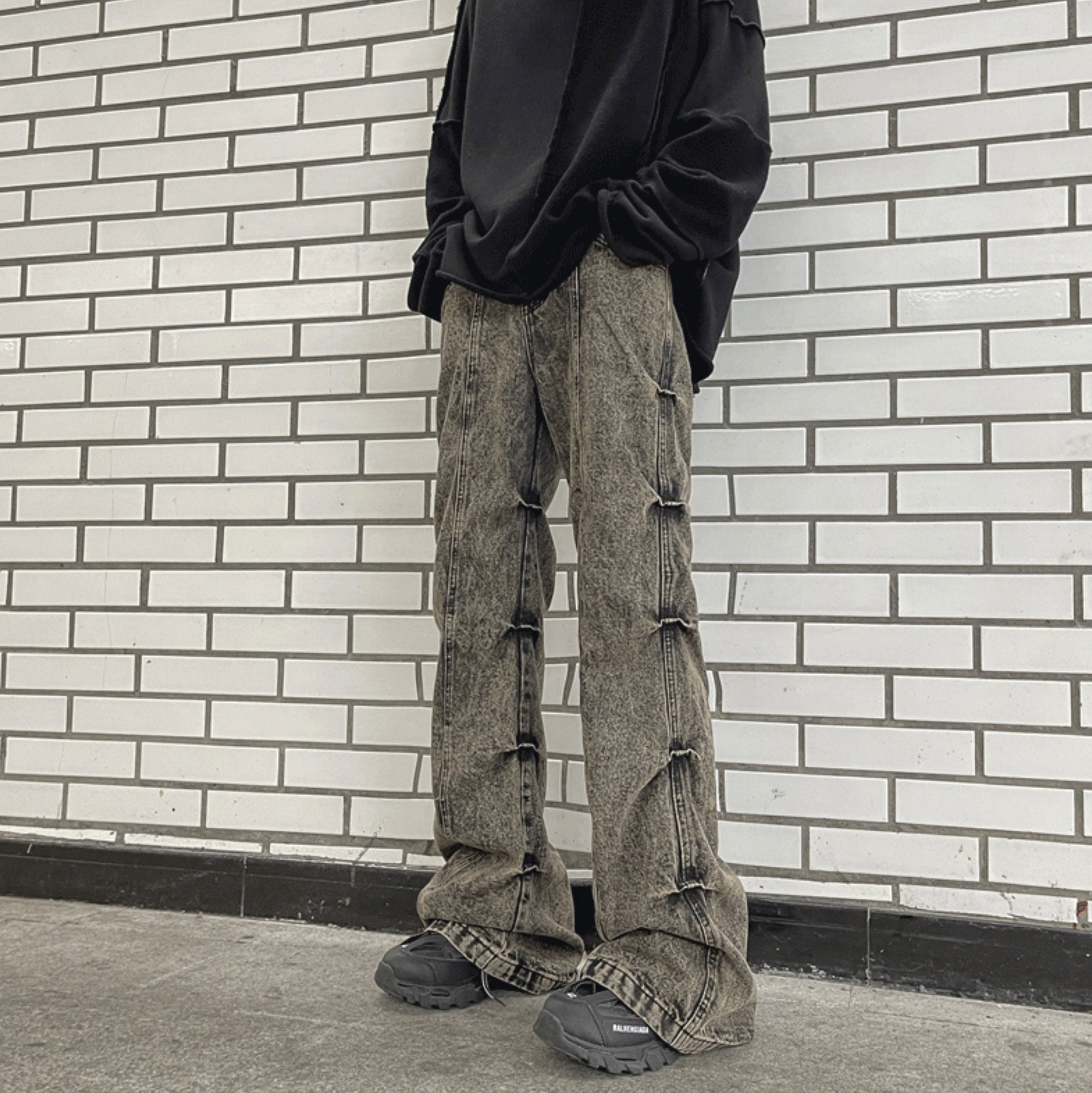 Grey Pleated Sides Jeans