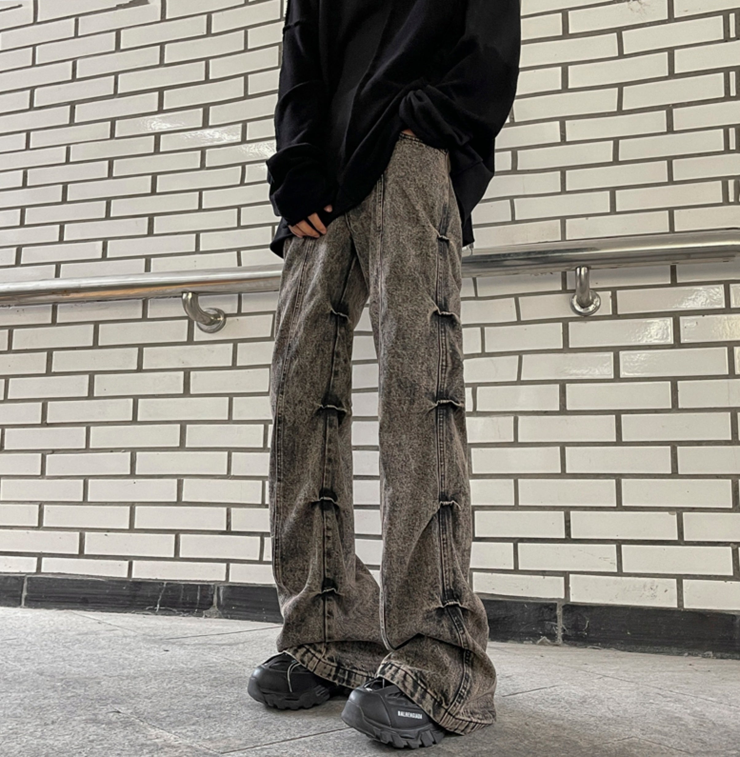Grey Pleated Sides Jeans