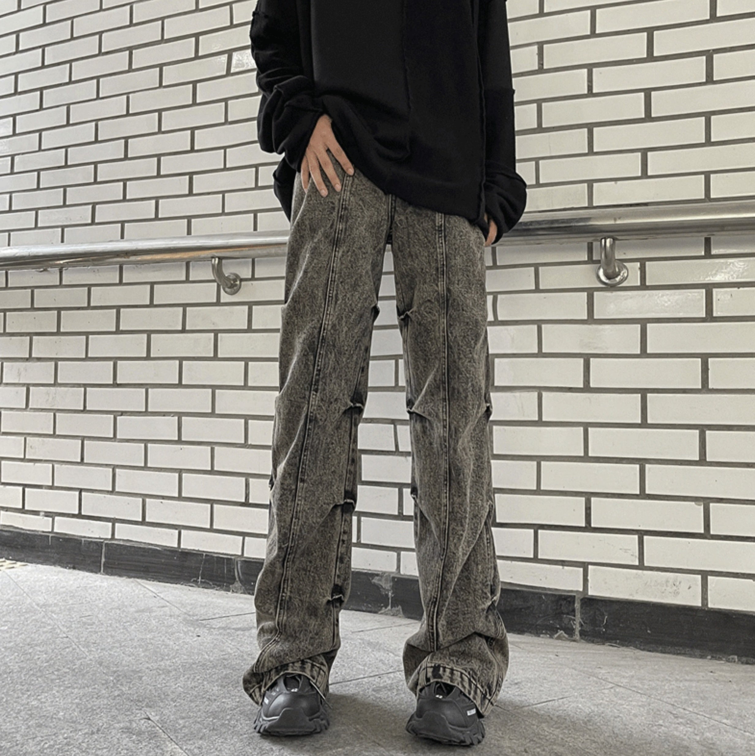 Grey Pleated Sides Jeans