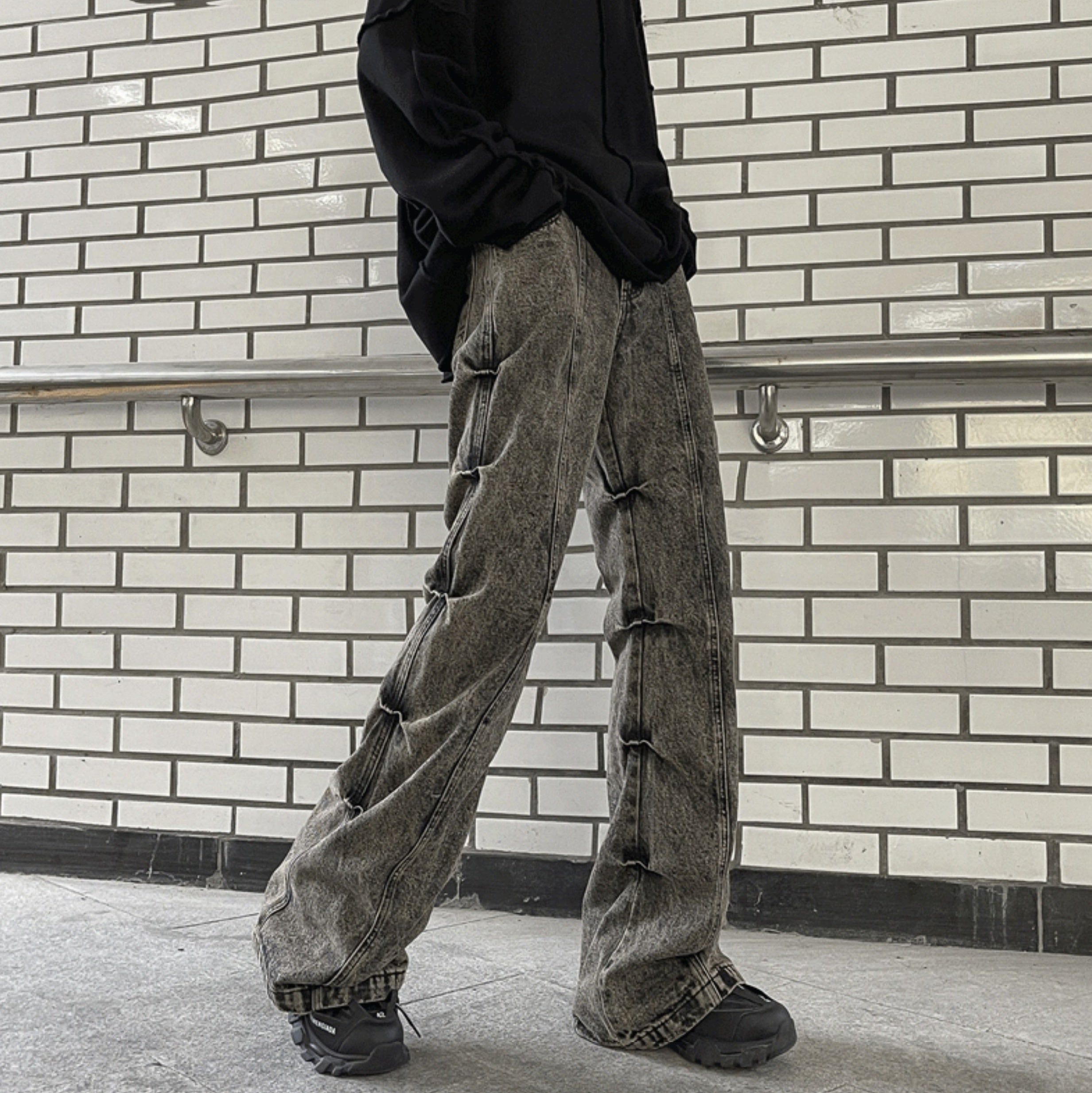 Grey Pleated Sides Jeans