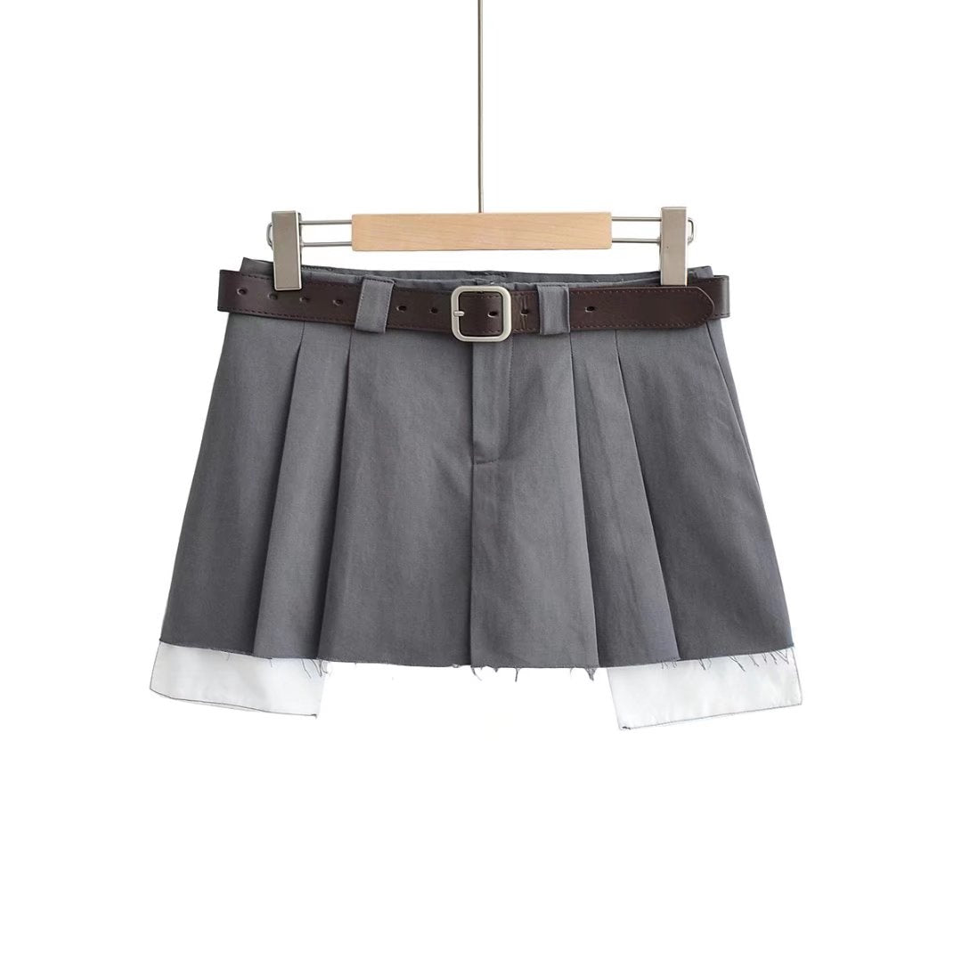 Grey Raw Hem Pleated Skirt