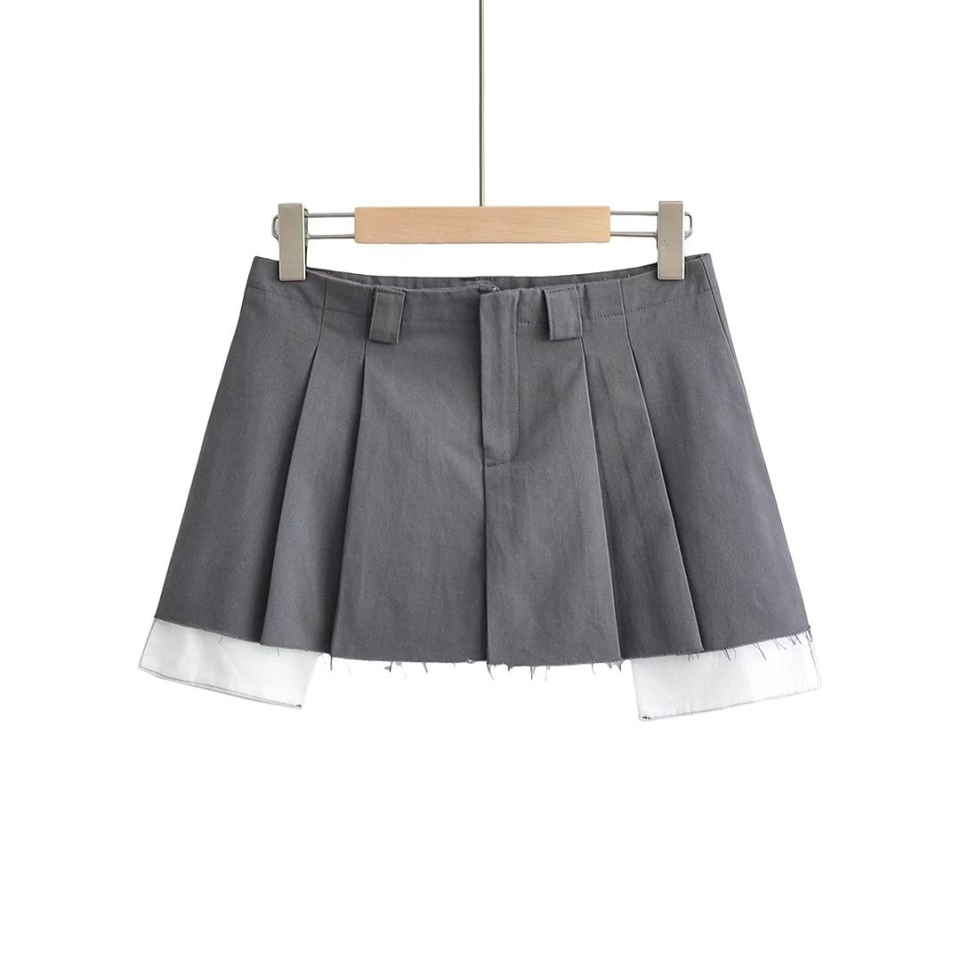 Grey Raw Hem Pleated Skirt