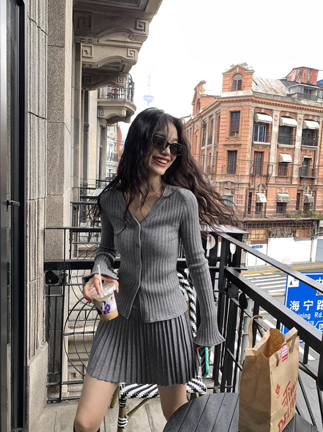 Grey Ribbed V-Neck Cardigan