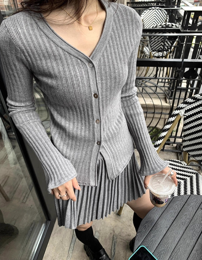 Grey Ribbed V-Neck Cardigan