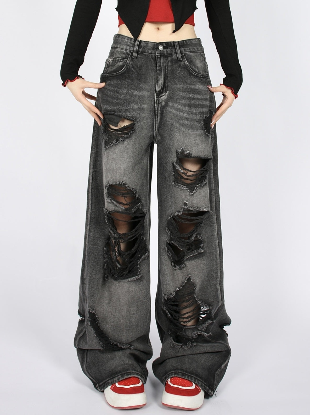 Grey Ripped Wide Leg Jeans