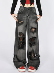 Grey Ripped Wide Leg Jeans