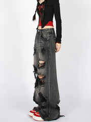 Grey Ripped Wide Leg Jeans