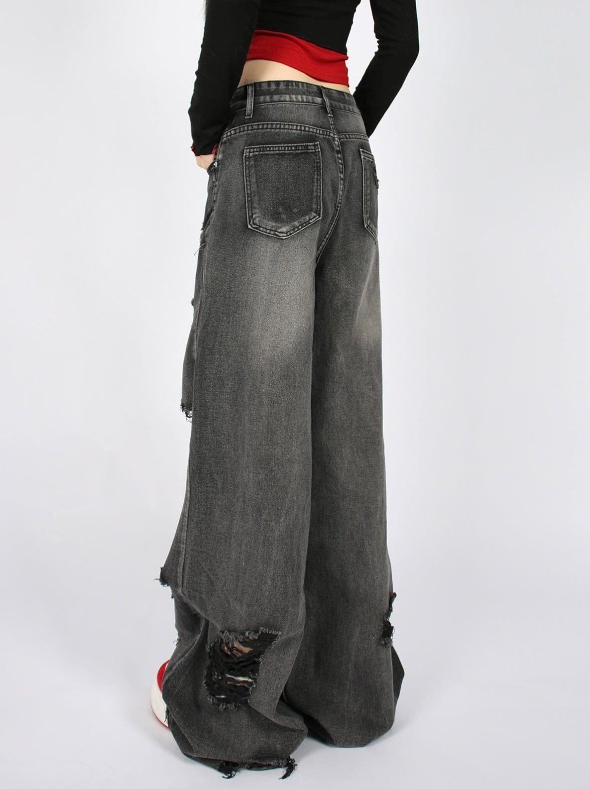 Grey Ripped Wide Leg Jeans