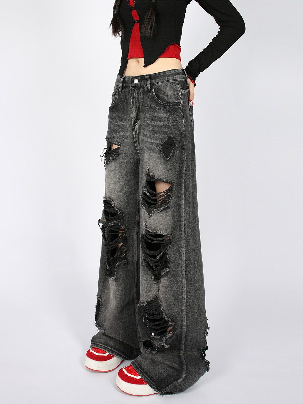 Grey Ripped Wide Leg Jeans