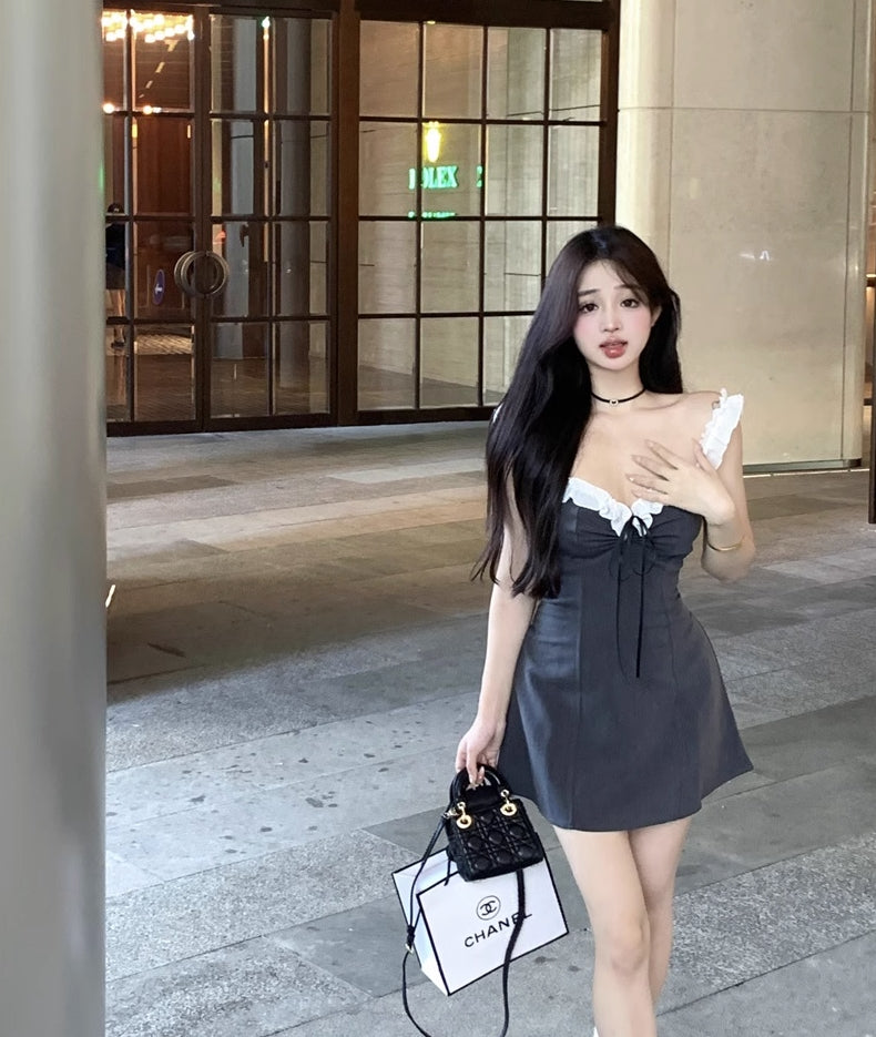 Grey Ruffled Neckline Dress