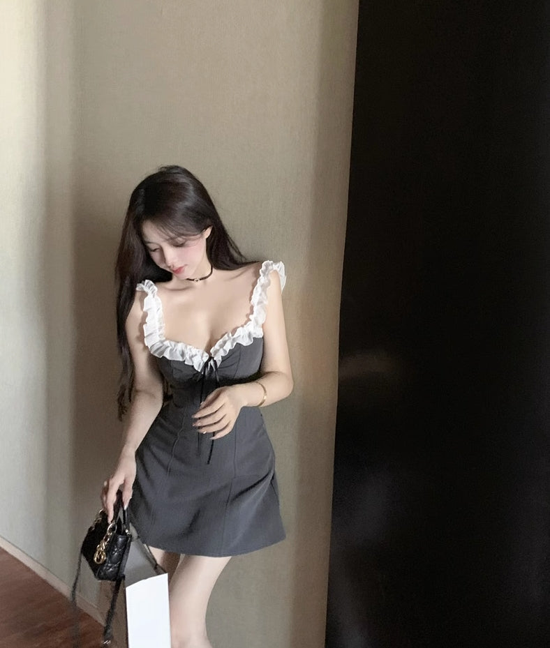 Grey Ruffled Neckline Dress