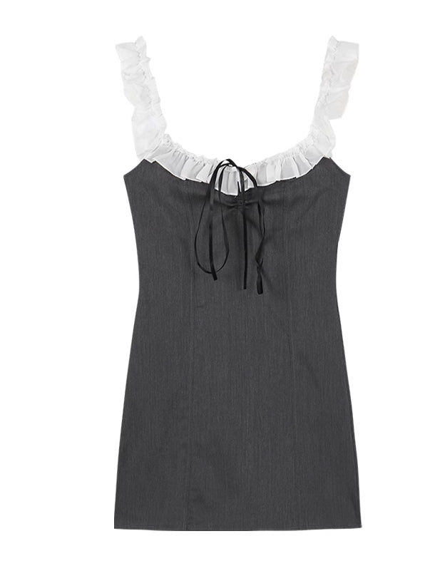 Grey Ruffled Neckline Dress