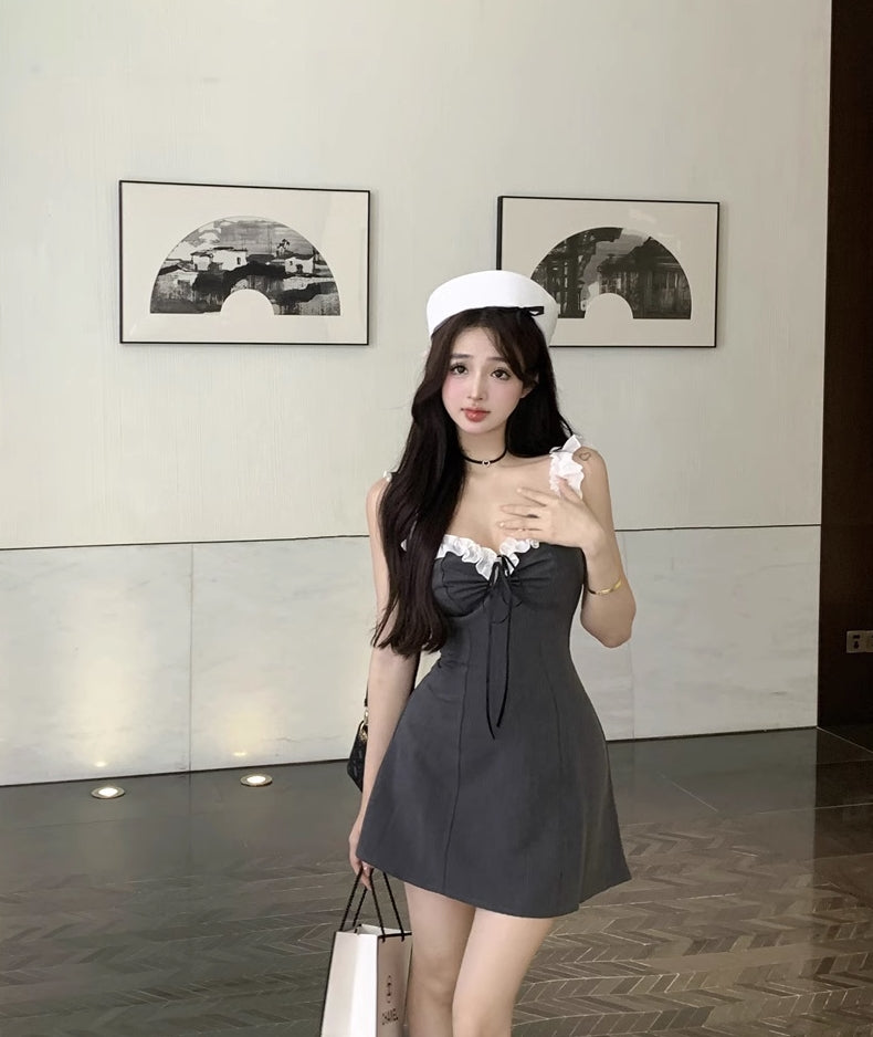Grey Ruffled Neckline Dress