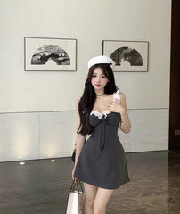 Grey Ruffled Neckline Dress