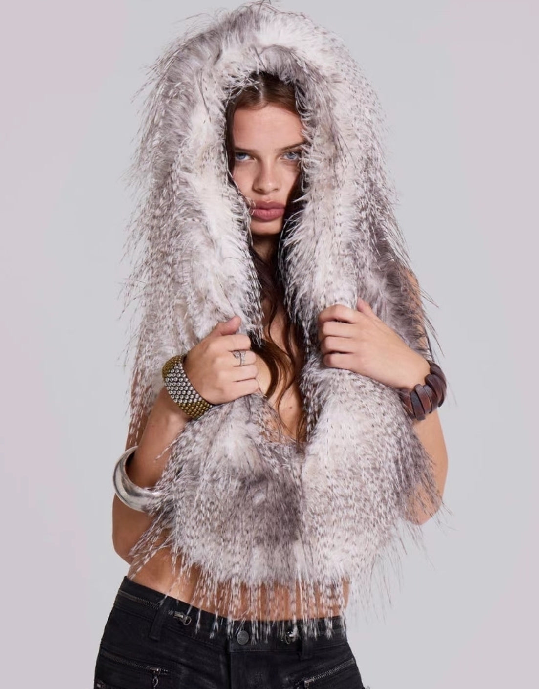Grey Shaggy Faux Fur Hooded Vest