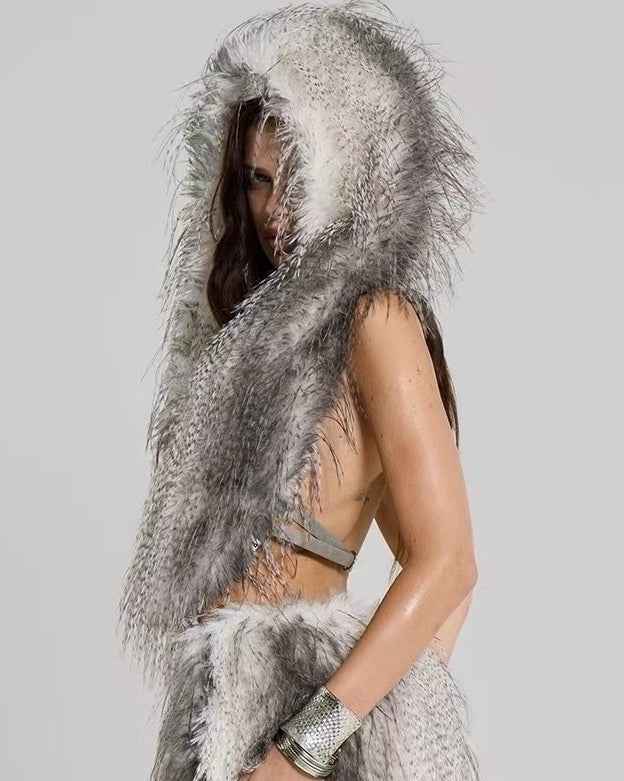 Grey Shaggy Faux Fur Hooded Vest