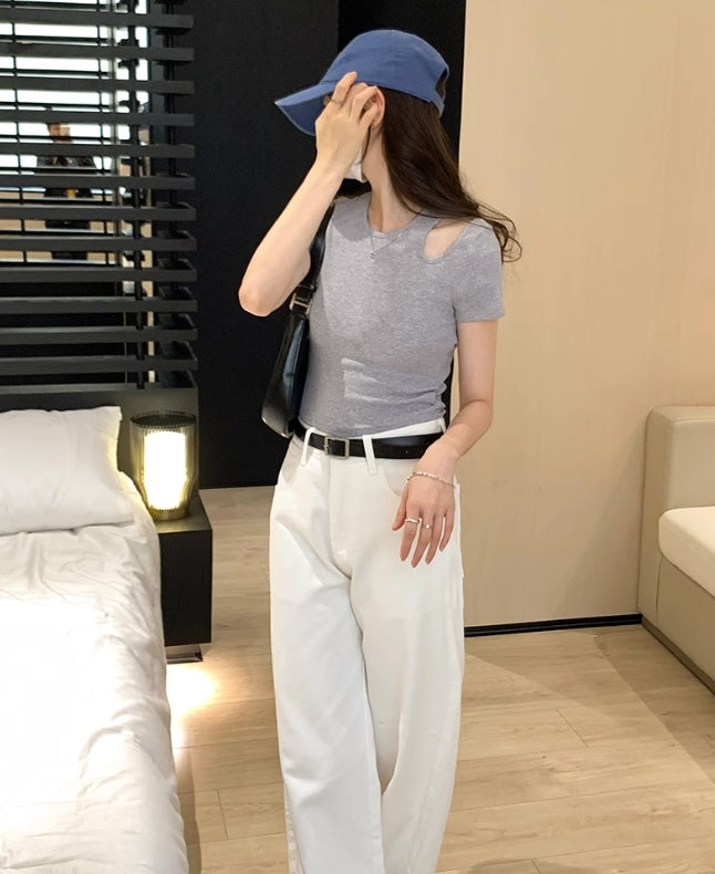 Grey Shoulder Cut-Out T-Shirt