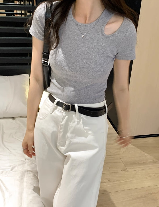 Grey Shoulder Cut-Out T-Shirt