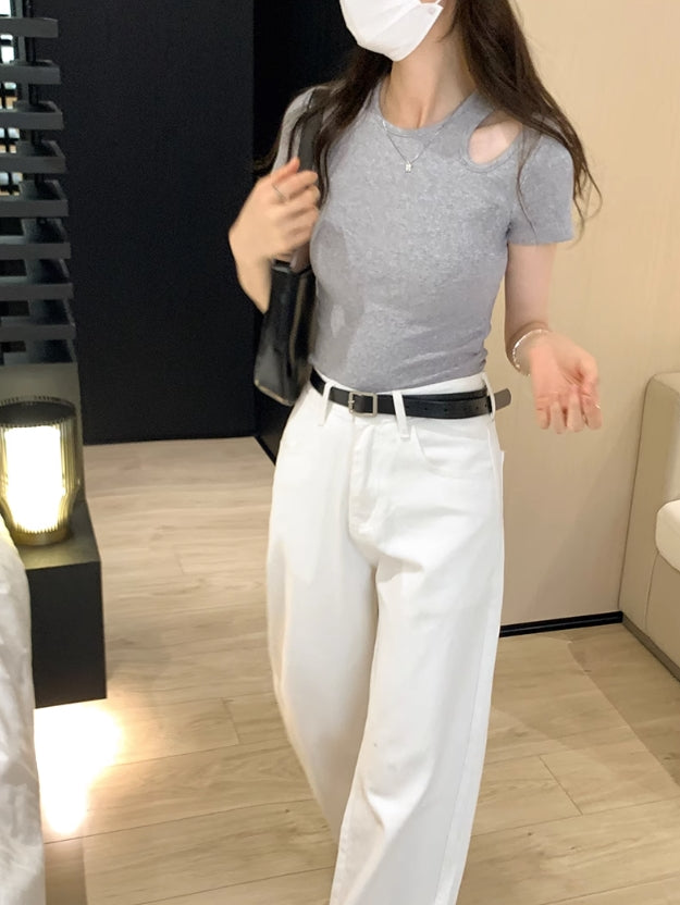 Grey Shoulder Cut-Out T-Shirt