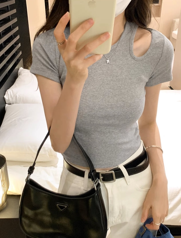 Grey Shoulder Cut-Out T-Shirt