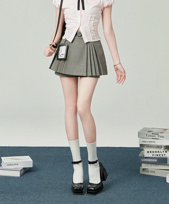 Grey Side Pleats Skirt