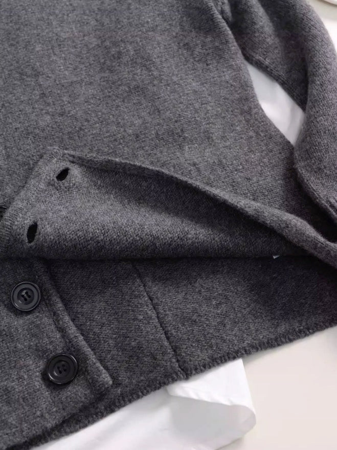 Grey Slanted Buttons Placket Sweater