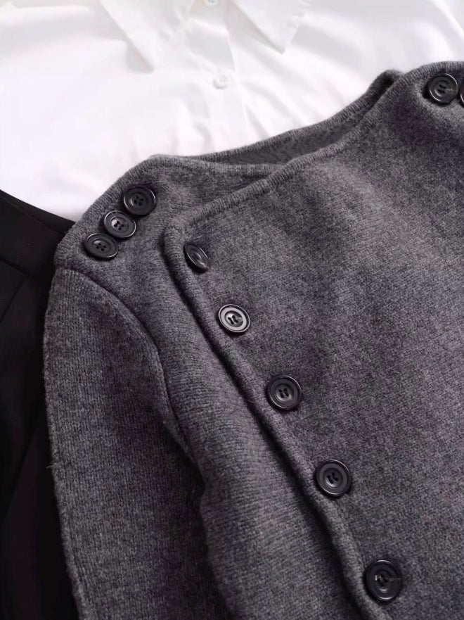 Grey Slanted Buttons Placket Sweater