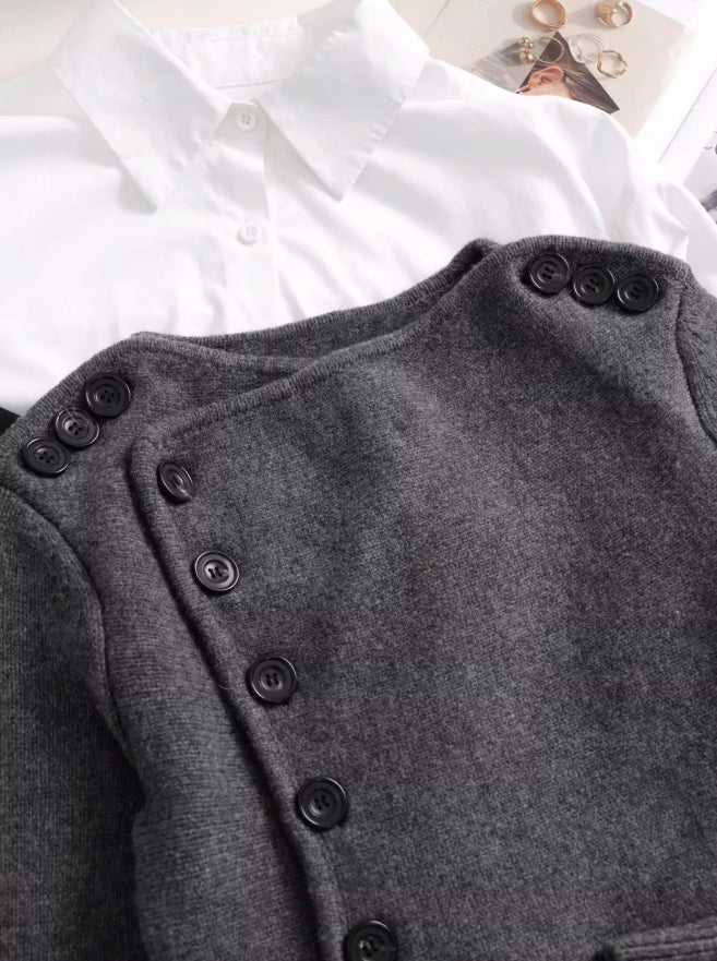 Grey Slanted Buttons Placket Sweater