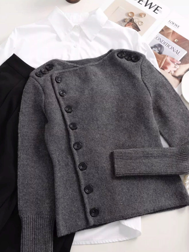 Grey Slanted Buttons Placket Sweater