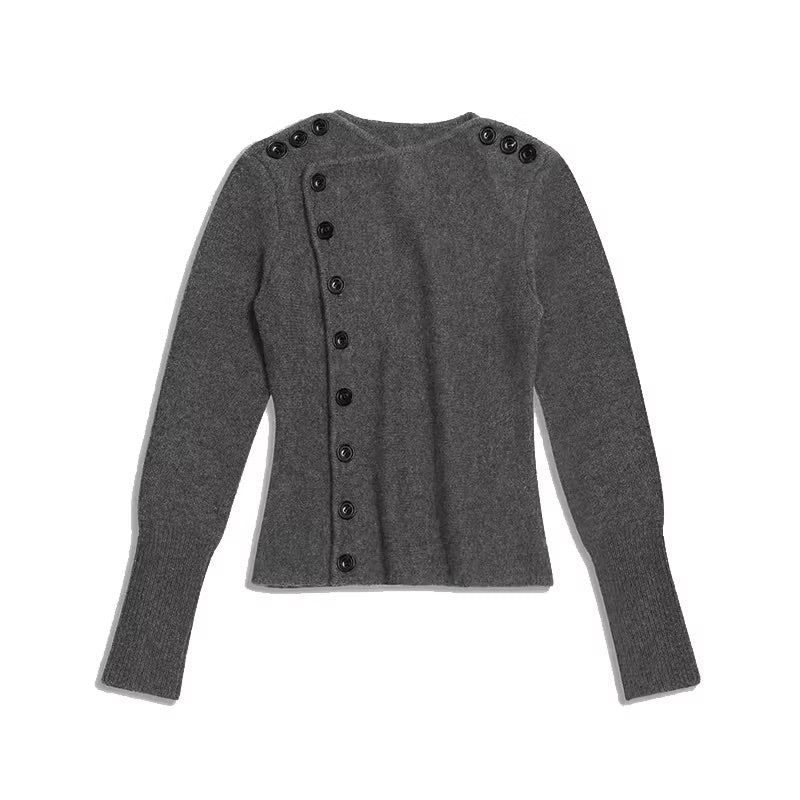 Grey Slanted Buttons Placket Sweater