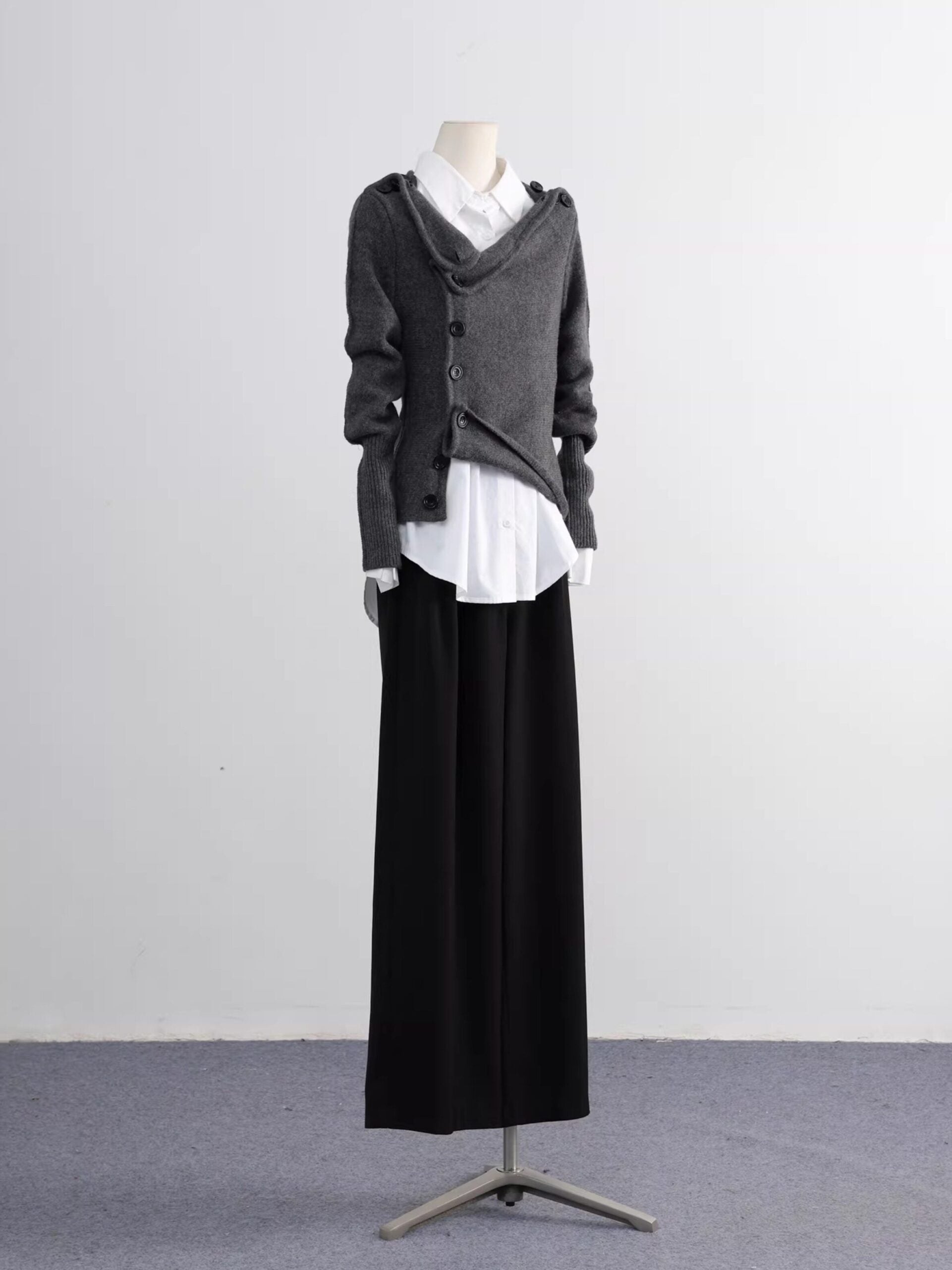 Grey Slanted Buttons Placket Sweater