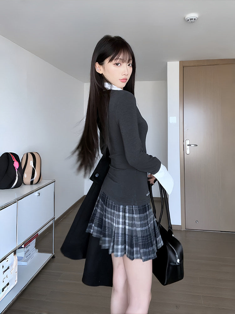 Grey Slim Fit Layered Collar Knit Top