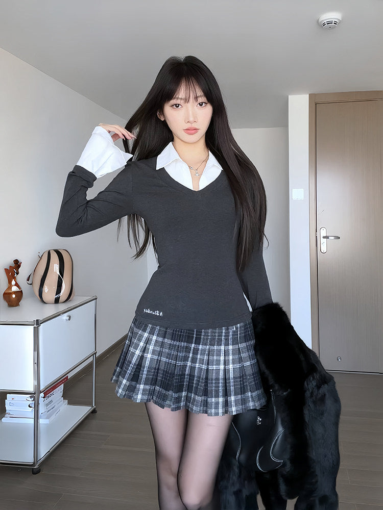 Grey Slim Fit Layered Collar Knit Top