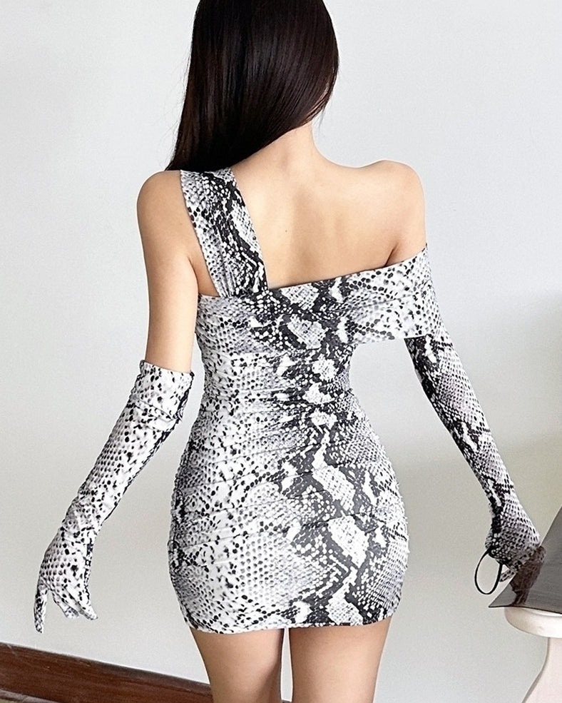 Grey Snake Print One-Shoulder Dress