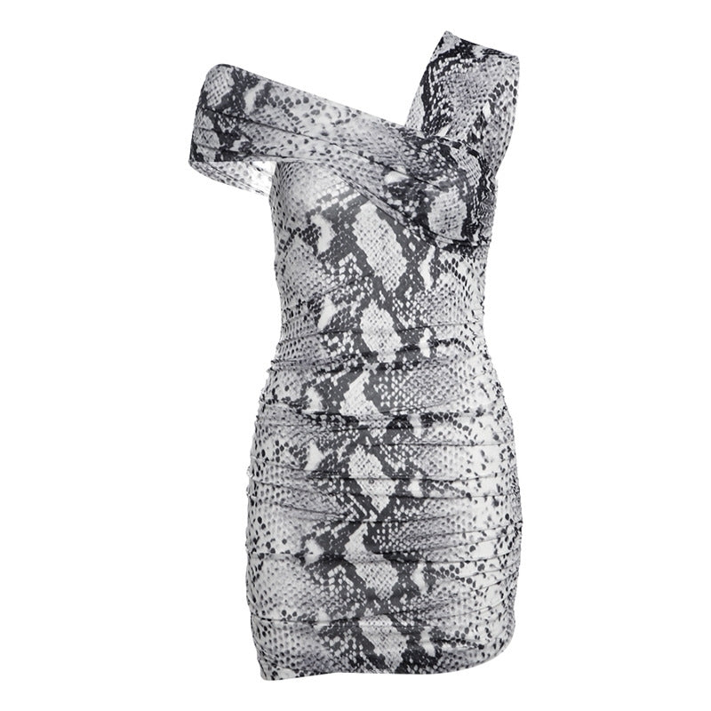 Grey Snake Print One-Shoulder Dress