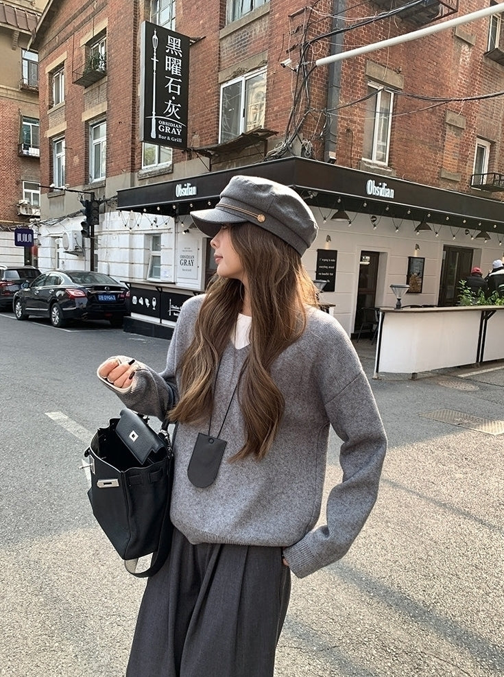 Grey Soft Classic Crewneck Knit Sweater