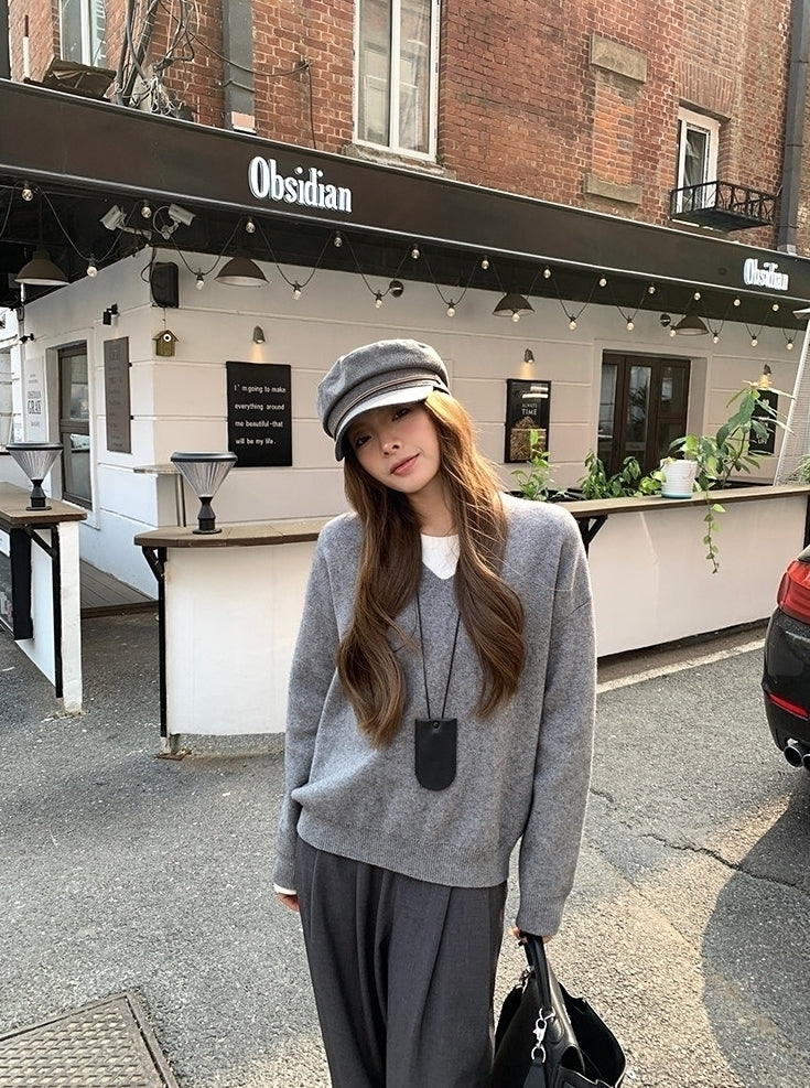 Grey Soft Classic Crewneck Knit Sweater