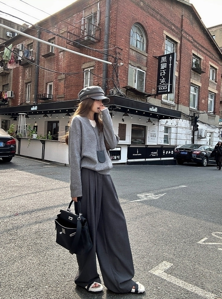 Grey Soft Classic Crewneck Knit Sweater