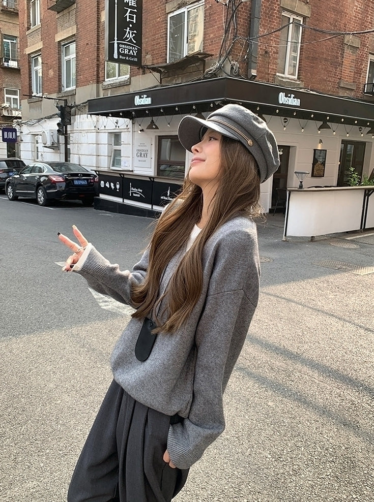 Grey Soft Classic Crewneck Knit Sweater
