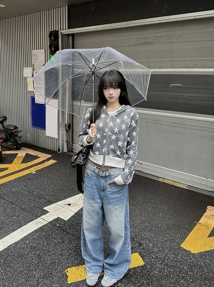 Grey Stars Pattern Hooded Jacket