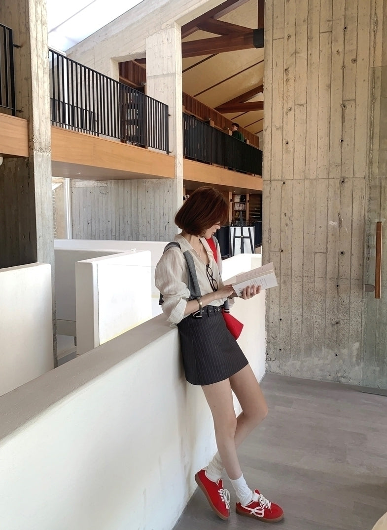 Grey Striped A-Line Skirt