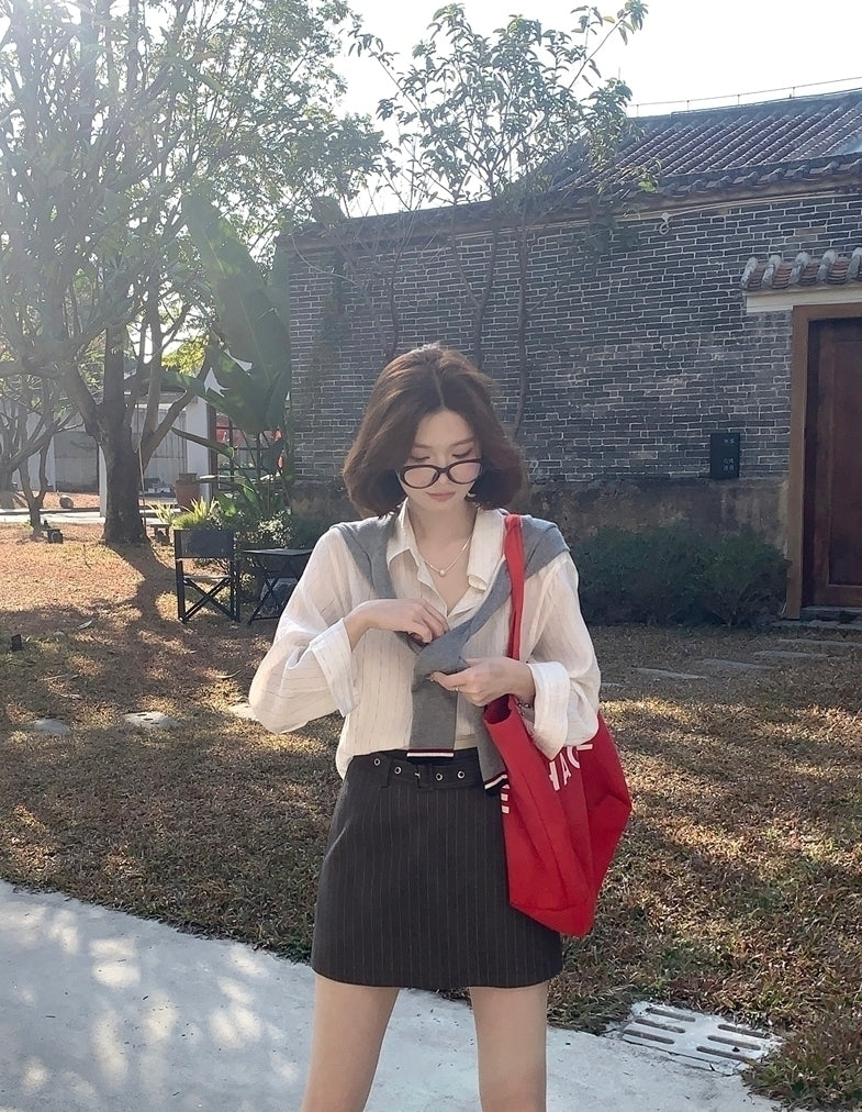 Grey Striped A-Line Skirt