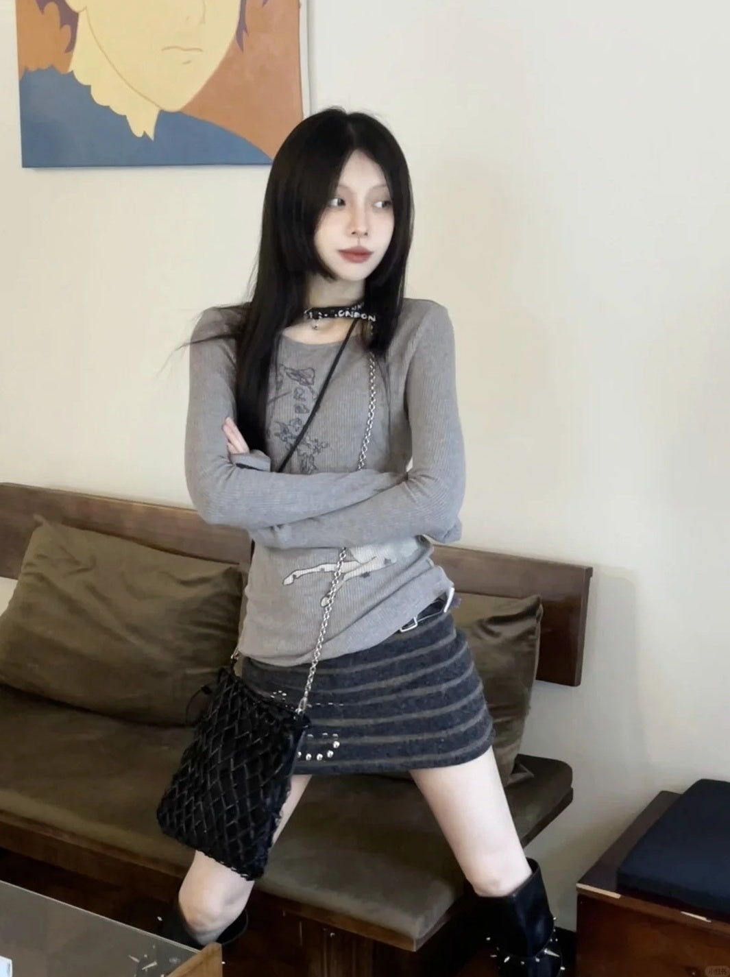 Grey Striped Embellished Skirt