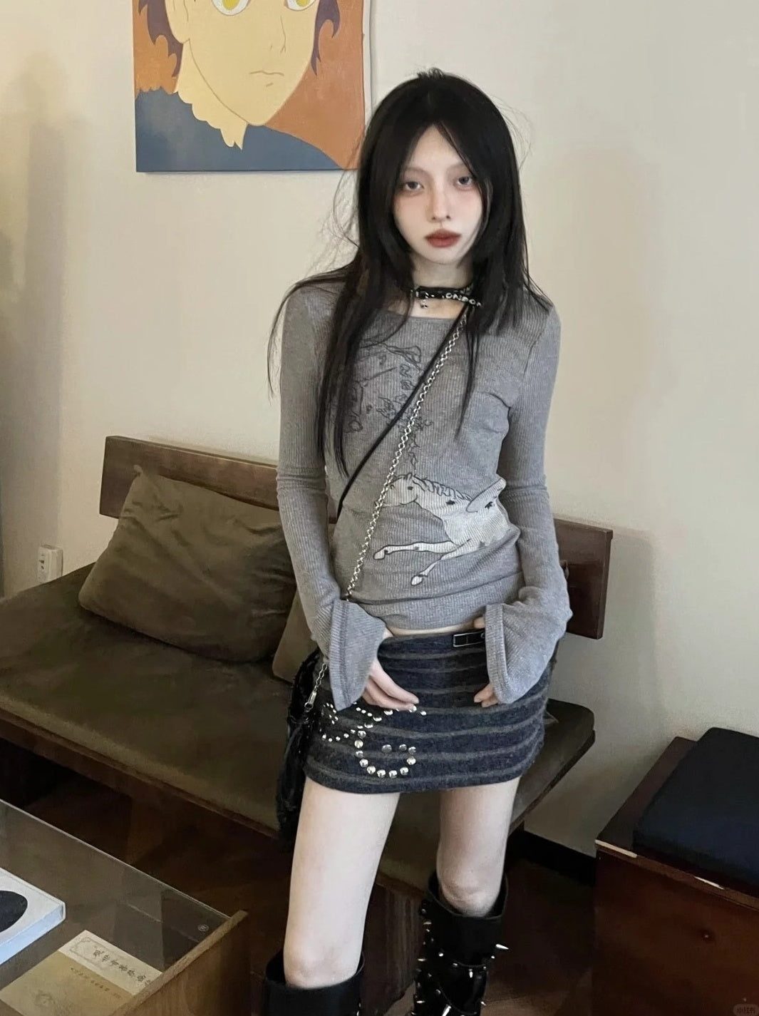 Grey Striped Embellished Skirt