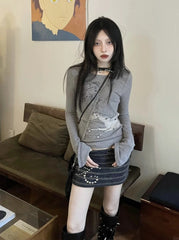 Grey Striped Embellished Skirt